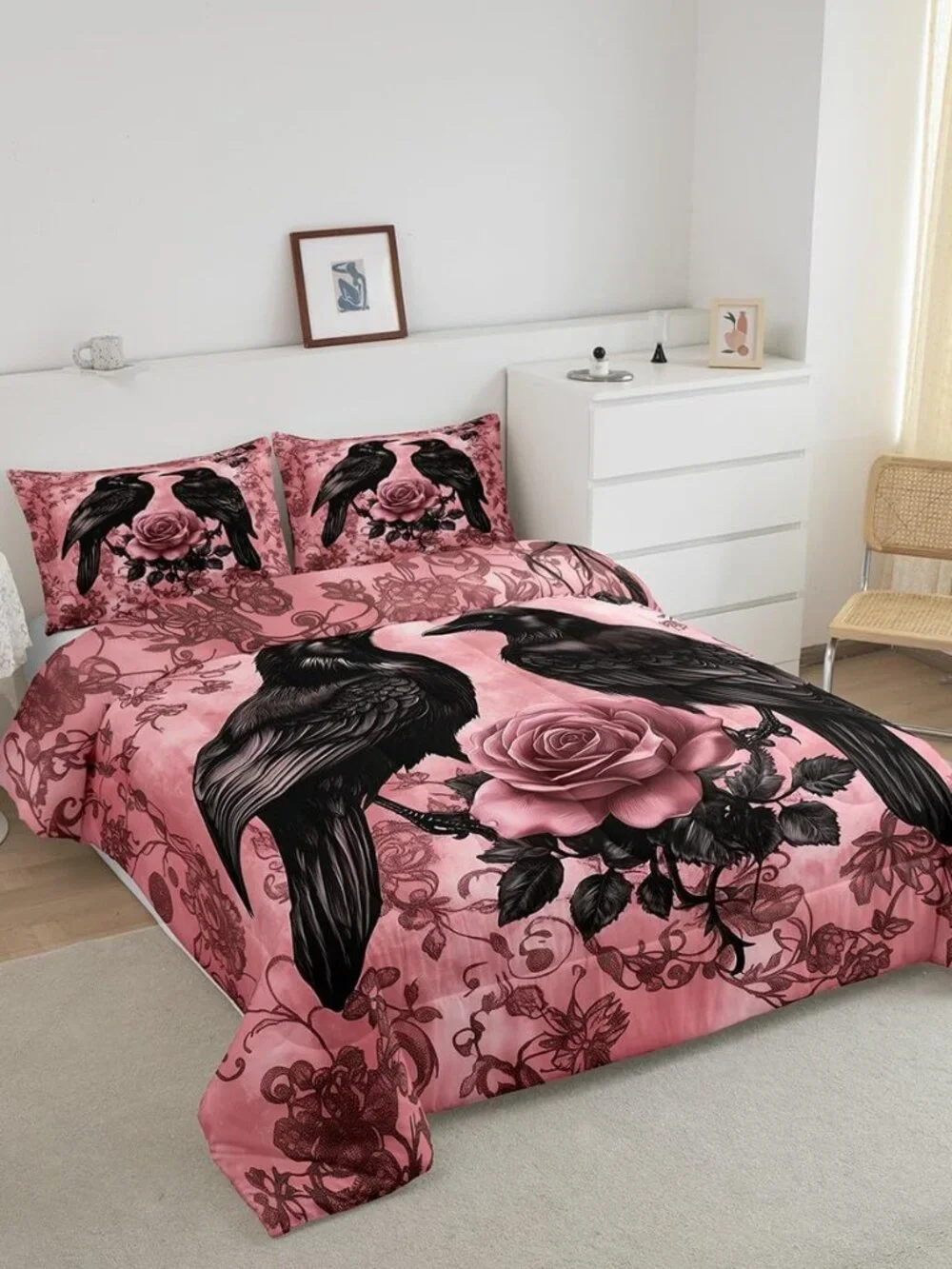 Crow Flowers Kids Comforter Queen,Vintage Country Wild Roses Bedding Set for Tee